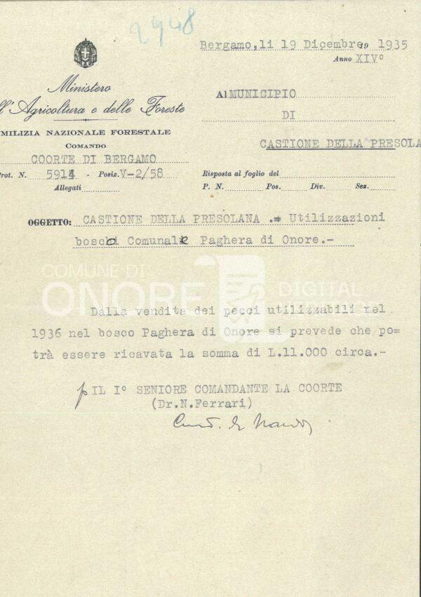 Utilizzazione bosco comunale Paghera di Onore 1935