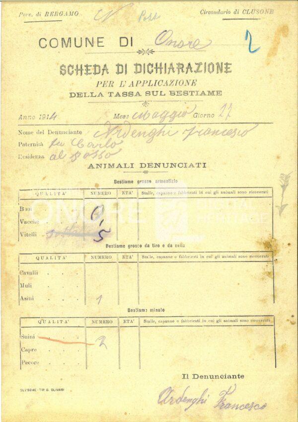 Tasse 1914 Scheda Di Dichiarazione Per L Applicazione Della Tassa Sul Bestiame Ardenghi Francesco 2