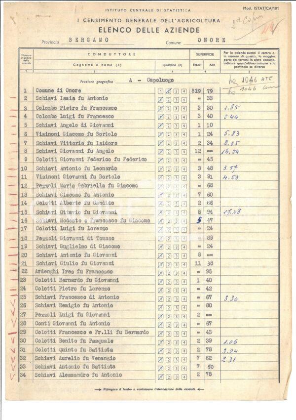 Censimento agricoltura (elenco aziende di Onore) 1959