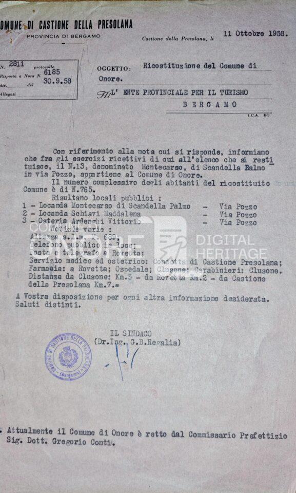 Notizie sul comune appena ricostituito 1958